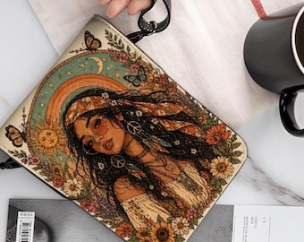 Boho Butterfly Phone Purse Crossbody Bag, Celestial Hippie Cell Phone Wallet for Women, Bohemian Shoulder Bag, Small PU Leather Purse, Gift