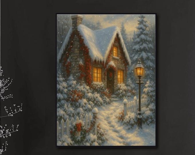 Winter Cottage Diamond Painting Kit – Christmas Cabin DIY Craft
