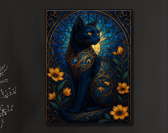 Stained Glass Black Cat Diamond Painting Kit | Gothic Floral Art Canvas