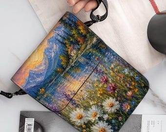 Mountain Lake Phone Purse for Women, Scenic Landscape Crossbody Bag, Nature Cell Phone Wallet, Wildflower Handbag, Mountain Lover Gift