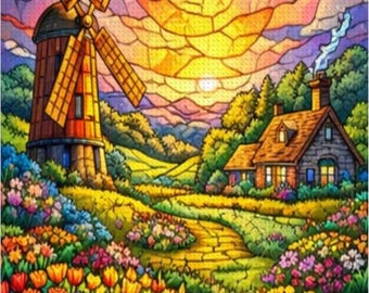 Stained Glass Windmill Diamond Painting Kit | Countryside Cottage Floral Landscape Wall Art | Full Drill DIY Diamond Art Canvas