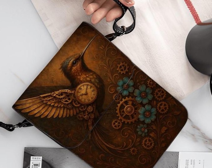 Steampunk Hummingbird Phone Purse, Clockwork Bird Crossbody Bag