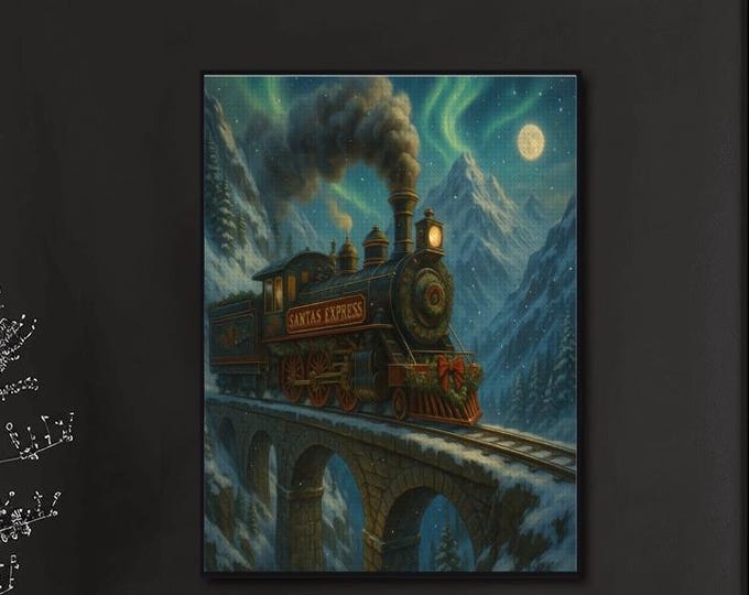 Santa's Express Train Diamond Painting Kit | Aurora Sky, Winter Scene