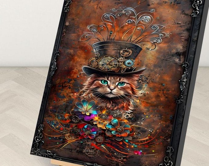 Steampunk Orange Cat Paint by Number Kit: DIY Framed Canvas Art
