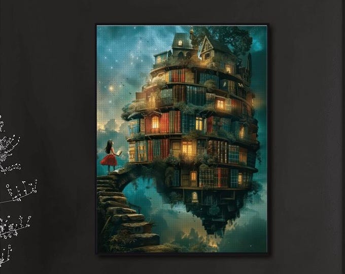 Fantasy Floating Library Diamond Painting Kit | Magical Book House Wall Art (Full Drill)