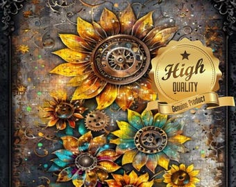 Steampunk Sunflower Wooden Puzzle, 500 or 1000 Pieces | Sunflower Art Jigsaw for Adults | Vintage Art Flowers Puzzle | Wood UV Print Puzzle
