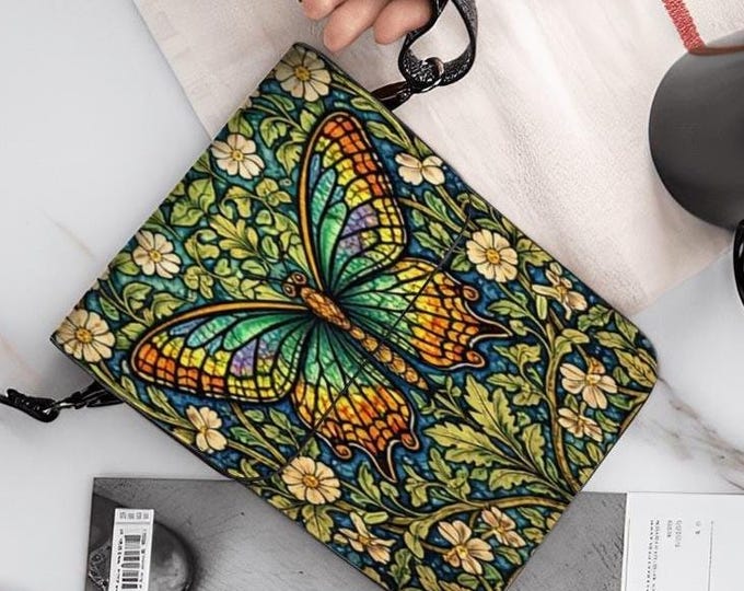 Stained Glass Butterfly Cell Phone Purse, Small Crossbody Phone Bag for Women, PU Leather Shoulder Bag, Nature Art Phone Wallet, Gift