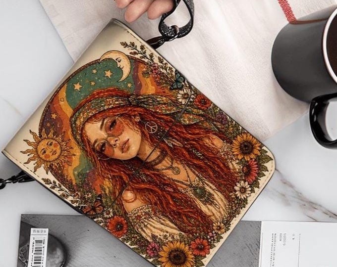 Boho Sunflower Phone Purse Crossbody Bag, Hippie Celestial Cell Phone Wallet for Women, Bohemian Shoulder Bag, Small PU Leather Purse, Gift