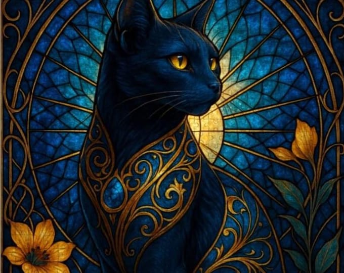 Stained Glass Cat Jigsaw Puzzle • Gothic Art Nouveau, Floral
