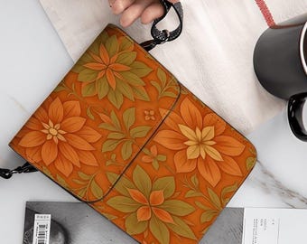 Leather Cell Phone Purse With Shoulder Strap, Orange and Green Flower Design, Adjustable Strap for crossbody wear, 2 Pockets and Card Slot