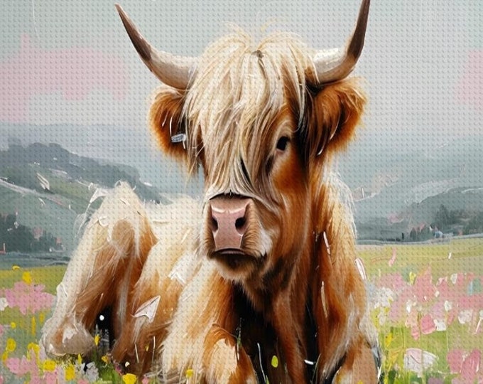 Cow in Field of Flowers, Diamond Painting, Farmer Paintings, DIY Craft, Pasture Landscape, Highland Cow, Heritage, Scenic Farm View, Art Kit