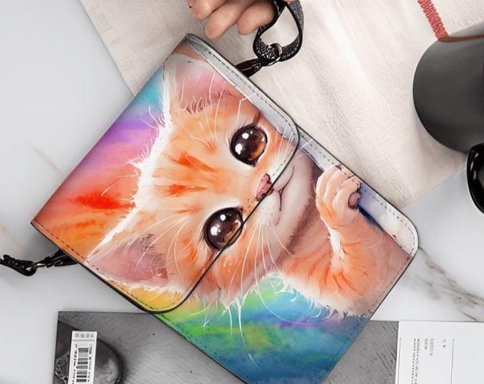 Rainbow Kitten Phone Purse, Kawaii Cat PU Leather Crossbody Bag