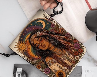 Mystical Boho Phone Purse Crossbody Bag, Celestial Moon Child Cell Phone Wallet for Women, Spiritual Bohemian Shoulder Bag