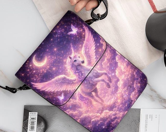 Purple Galaxy Unicorn Phone Purse, Fantasy Winged Horse Crossbody Bag