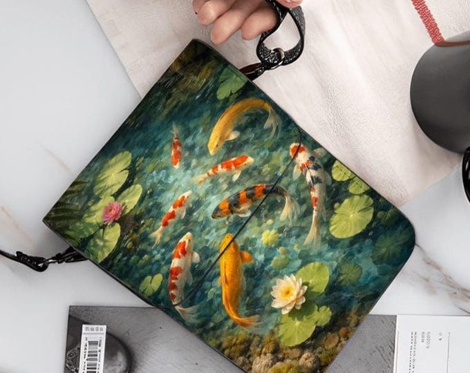Koi Fish Cell Phone Purse, Japanese Garden Crossbody Bag, Small Phone Wallet for Women, PU Leather Shoulder Bag, Nature Art Gift
