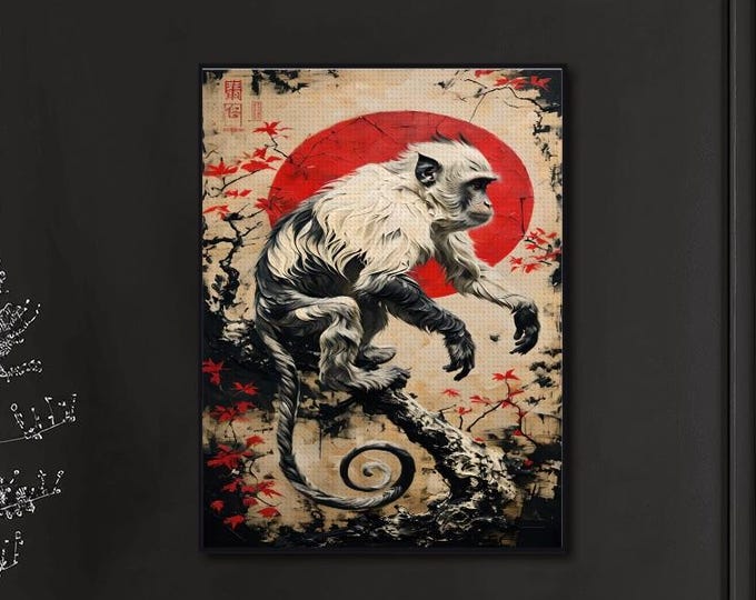 Red Sun Monkey Diamond Painting Kit • Asian Vintage Look