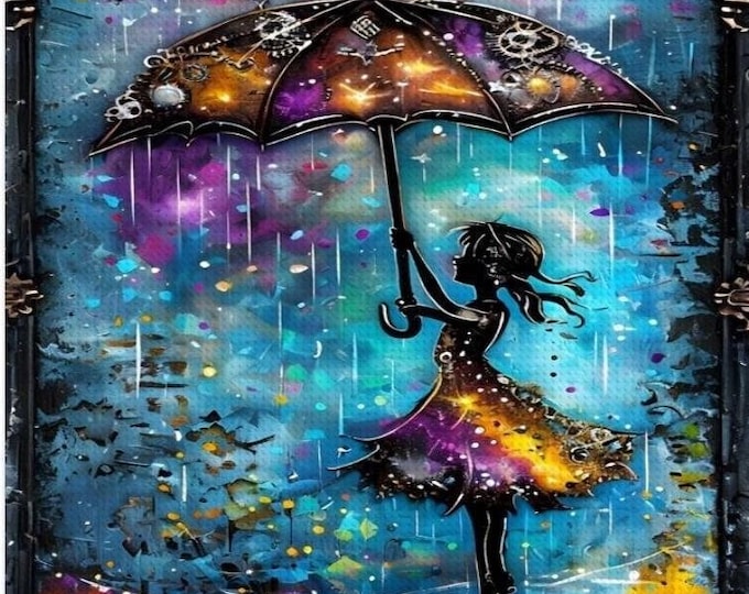 Diamond Painting, Girl with Umbrella, Vibrant, Diamond Paintings, DIY, 16”x20”, Diamond Art, Hold On Variations available, Bright Blues