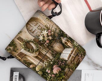 Christian Floral Phone Purse Crossbody Bag, Faith Inspired Cell Phone Wallet, Rustic Cottage Religious Shoulder Bag, Inspirational Gift