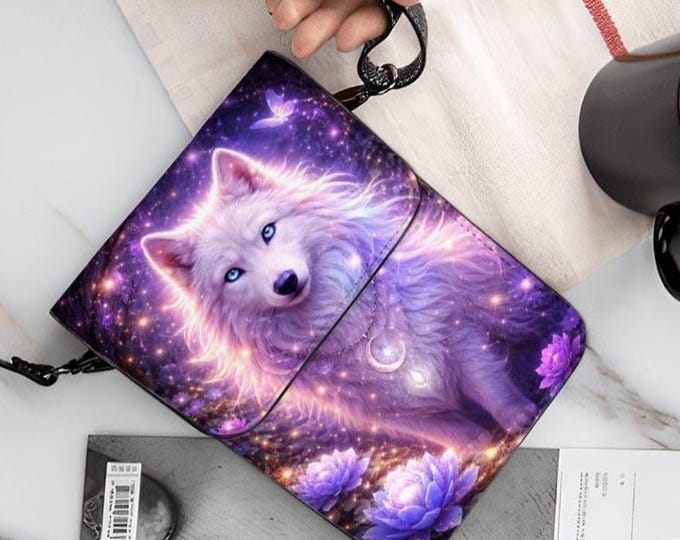 Galaxy Wolf Cell Phone Purse, Purple Cosmic PU Leather Shoulder Bag