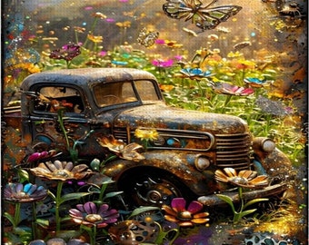 Steampunk Old Truck Diamond Painting Kit: Wildflower DIY Art