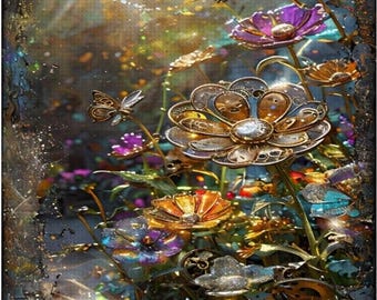 Steampunk Wildflower Garden Diamond Painting: DIY 16”x20” Diamond Art