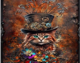 Steampunk Cat Diamond Painting DIY Kit, Top Hat, 16x20