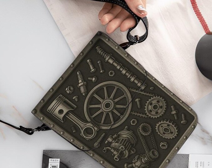 Steampunk Gear Leather Cell Phone Purse, Car Parts Crossbody Bag