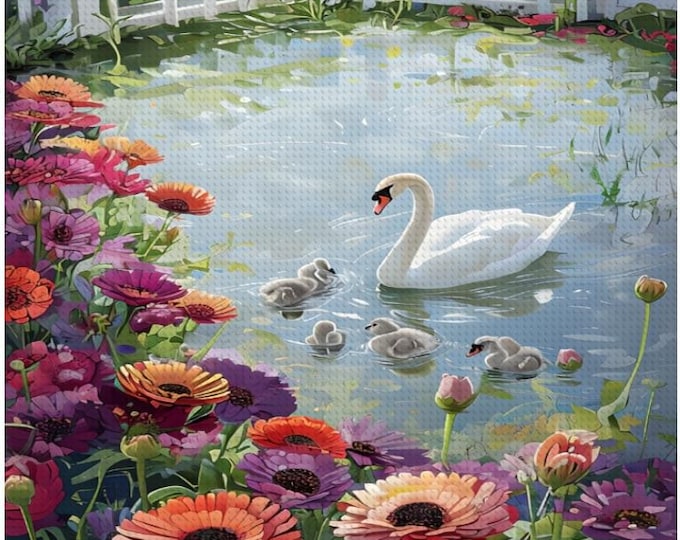 Swan, DIY Diamond Painting, Swan with Babies in Pond Surrounded by Flowers, Diamond Art, Full Kit on Canvas