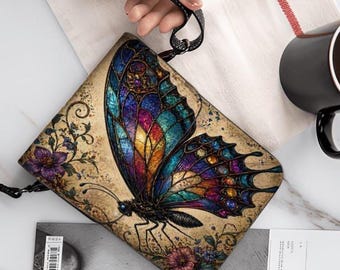 Stained Glass Butterfly Phone Purse, Boho Floral Crossbody Bag, Microfiber PU Leather