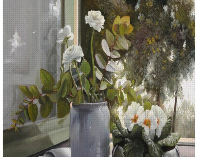 White Flowers, DIY Diamond Painting, Fiori Bianchi Alla Finestra by Guido Borelli, Vintage Antique Floral Window Art, Diamond Art Kit
