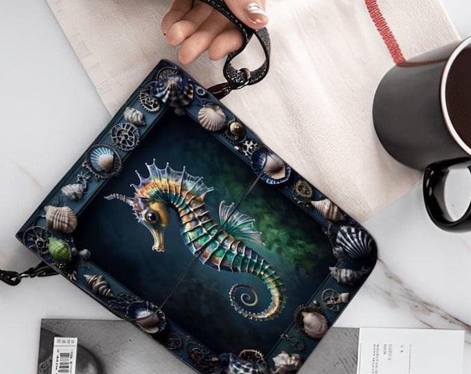 Seahorse, Leather Cell Phone Purse With Shoulder or Crossbody Strap, Seahorse Framed in Design with Sea Shells, Ocean Life Cell Phone Bag