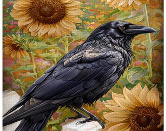 Crow Art, Sunflower Field Diamond Painting Kit: Crow and White Fence DIY Art, Framed or Frameless