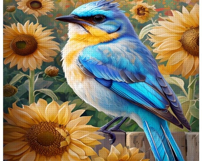 Diamond Art Kit, Blue Bird on Fence in Field of Sunflowers and Wildflowers, DIY, Diamond Painting, Bird Watching, Peaceful Vibrant Art