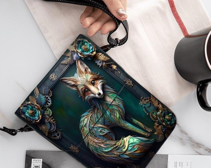 Steampunk Fox Leather Cell Phone Purse: Adjustable Crossbody Bag