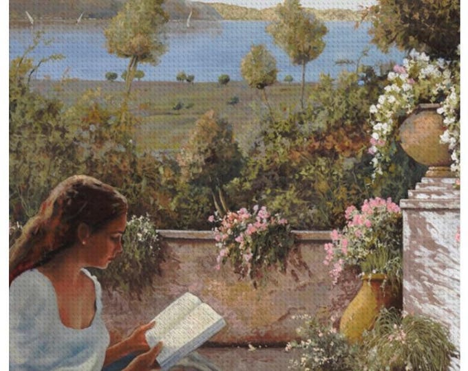 Reading in the Garden, Sea View, DIY Diamond Painting, La Lettura All'ombra by Guido Borelli, Diamond Art Kit, Free Shipping, Vintage Art