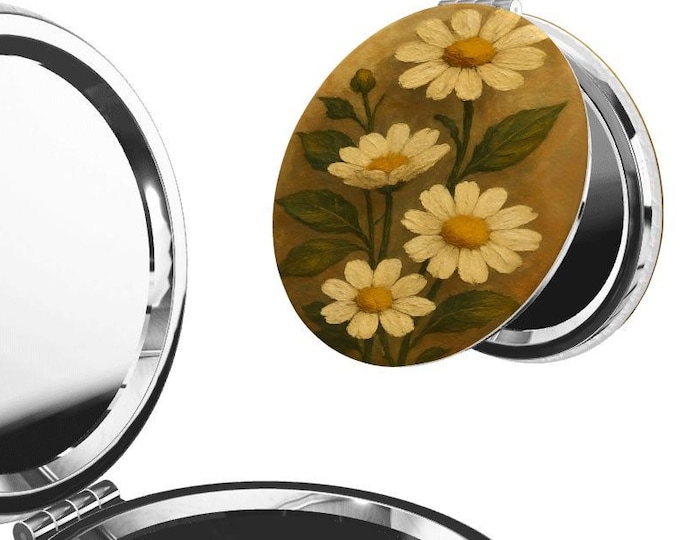 Round Daisy Pocket Mirror, Travel-Friendly Compact, Magnifying Makeup Mirror, Styled Gift for Her