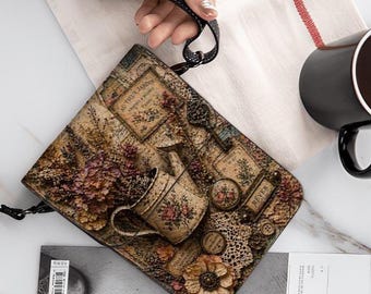 Vintage Floral Phone Purse Crossbody Bag, Rustic Cottagecore Cell Phone Wallet, Shabby Chic Antique Floral Shoulder Bag, Feminine Gift