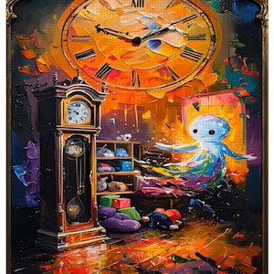 May include: A colorful painting of a room with a large clock on the wall, a grandfather clock in the corner, and a small, blue, translucent figure floating in the air. The room is filled with toys and other objects, and the overall effect is one of whimsy and magic.