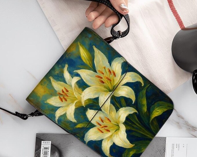 White Lilies Oil Painting Cell Phone Purse, Floral Crossbody Bag