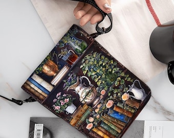 Bookshelf Art Leather Cell Phone Purse: Crossbody or Shoulder Bag with Adjustable Removable Strap