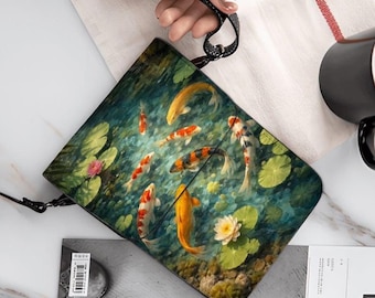 Koi Fish Cell Phone Purse, Japanese Garden Crossbody Bag, Small Phone Wallet for Women, PU Leather Shoulder Bag, Nature Art Gift