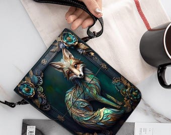 Steampunk Fox Leather Cell Phone Purse: Adjustable Crossbody Bag