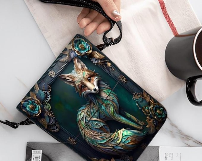 Steampunk Fox Leather Cell Phone Purse: Adjustable Crossbody Bag