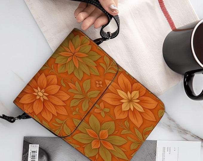 Floral Leather Cell Phone Purse: Orange & Green Shoulder Bag
