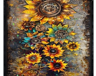 Diamond Painting, Sunflowers, Steampunk, Diamond Paintings, DIY, 16”x20”, Diamond Art, Diamond Kit, Diamond Painting Kit, Diamond Art Kit