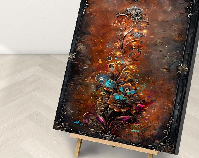 Steampunk Wildflower Paint by Numbers Kit: Framed or Frameless Copper Mechanical Art