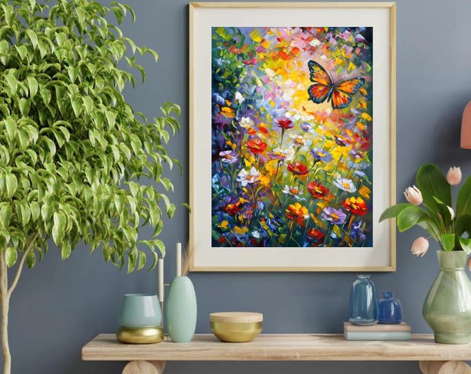 Vibrant Floral Fine Art Poster, Butterfly Wall Decor, Colorful Art Print, Home Gallery, Nature Decor, Gift for Garden Lovers