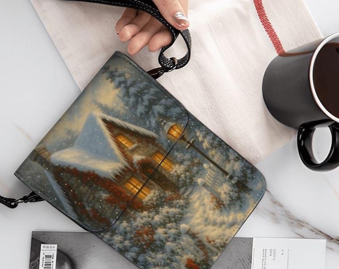 Winter Cabin Phone Purse, Snowy Cottage Crossbody Bag