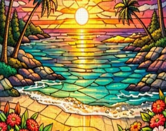 Stained Glass Beach Diamond Painting Kit | Tropical Sunset Ocean Wall Art | Full Drill DIY Diamond Art Canvas | Coastal Craft Gift