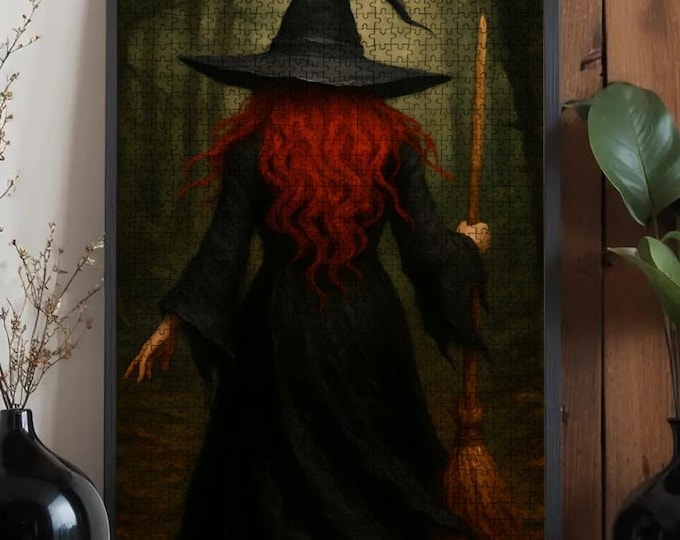 Dark Forest Witch Art Puzzle | Gothic Cottagecore Wooden Jigsaw
